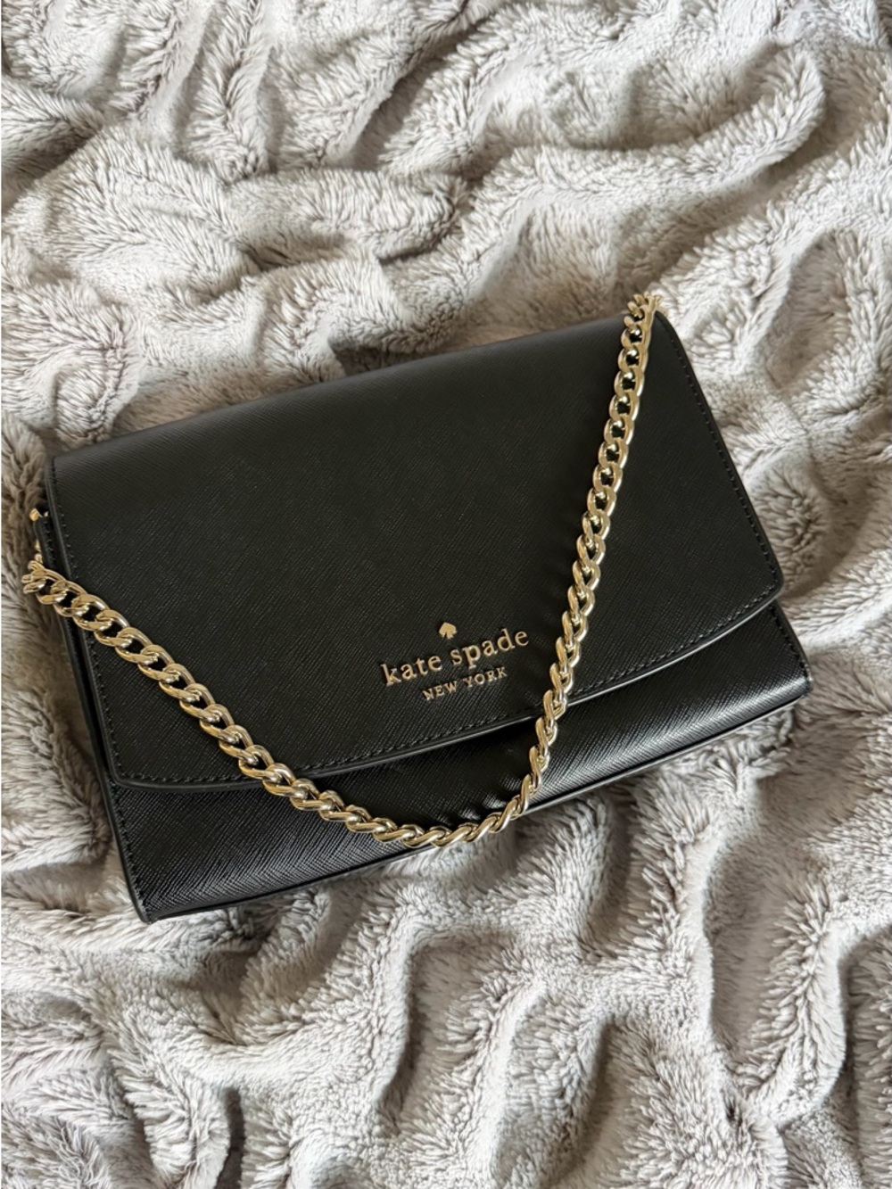 kate spade Black Saffiano Leather Chain Crossbody Bag with Gold Hardware
